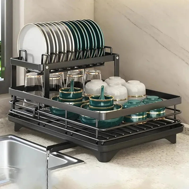 Dish Drying Rack Adjustable Kitchen Plates Organizer with Drainboard Over Sink Countertop Cutlery Storage Holde