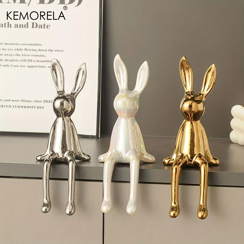 1PCS Ceramic Long-Eared Sitting Rabbit Room Ornaments Statue Luxury Home Decoration Accessories High-End Home Art Aesthetics